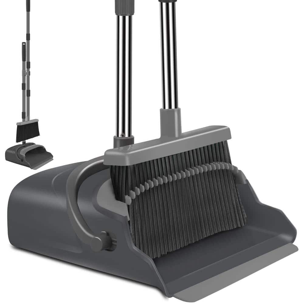 Rotatable Broom and Dust Pan Cleaning Set Dustpan Combo Upright Stand Up  Black