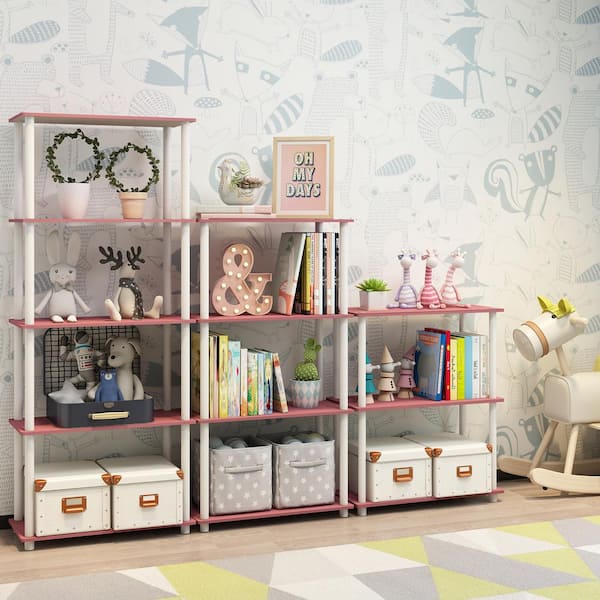 Furinno 57.4 in. Tall Pink/White Wood 5-Shelves Etagere Bookcases