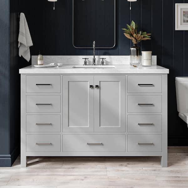 ARIEL Cambridge 55 in. W x 22 in. D x 36 in. H Bath Vanity in Grey with Carrara White Marble Top
