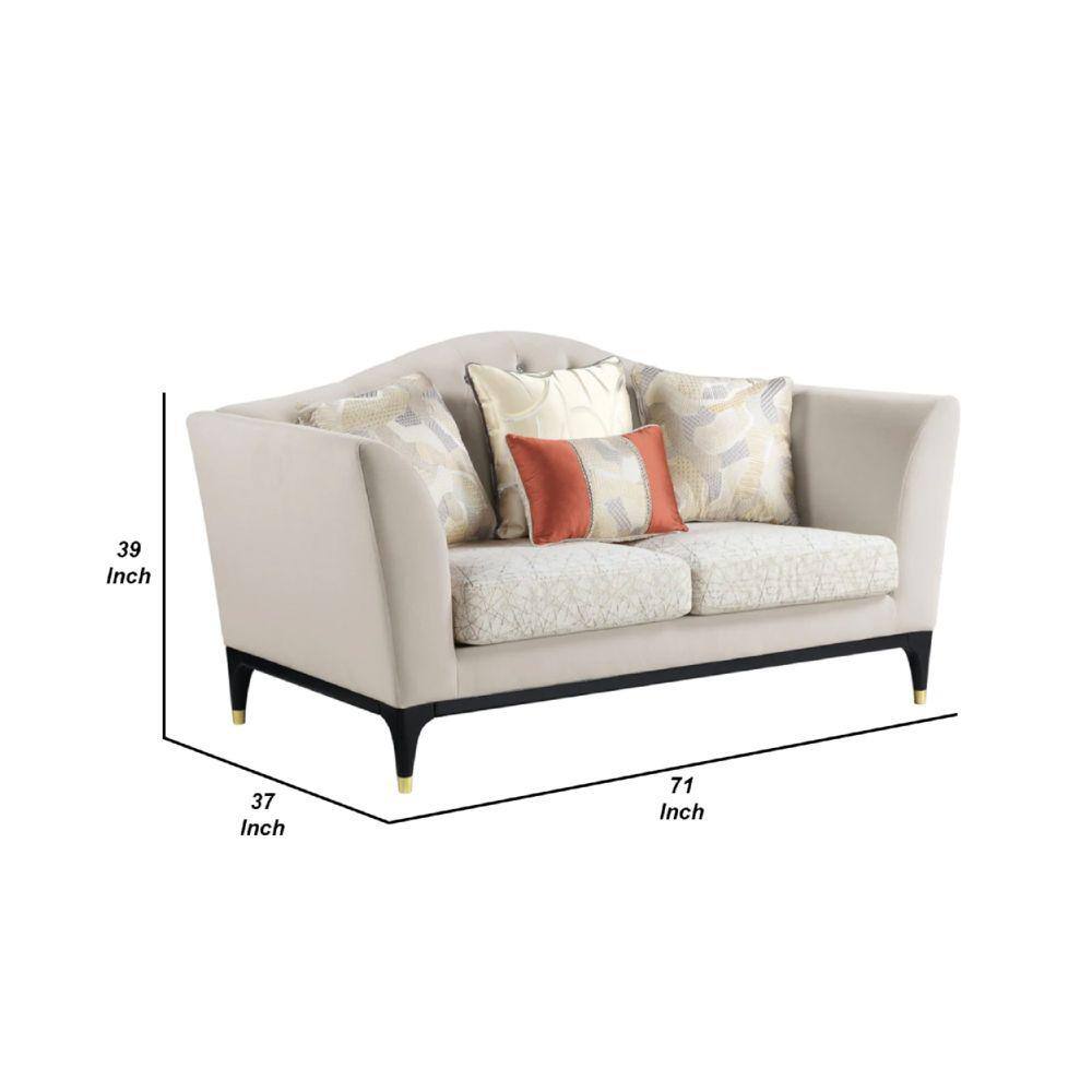 Beige Velvet Tufted Loveseat with Gold-Capped Wood Legs, 71"