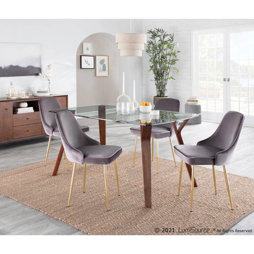 Set of 2 Gray Velvet Upholstered Dining Chairs with Gold Tapered Legs