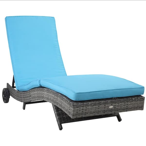 Outsunny PE Rattan Wicker Patio Cushioned Outdoor Chaise Lounge Chair with Sky Blue Cushion, 5-Level Adjustable Backrest