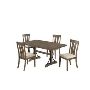 Manin 5-pc dining set Brown Oak Beige Linen Fabric