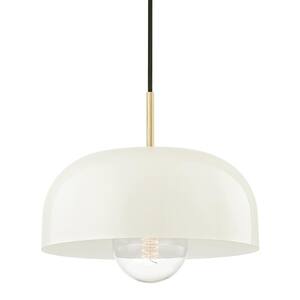 Avery 14 in. 1-Light W Aged Brass Finish Pendant Light with Cream Metal Shade