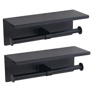 Bath Wall-Mount Double Post Toilet Paper Holder Shelf Non-Slip Tissue Roll Holder in Matte Black(2 Pack)