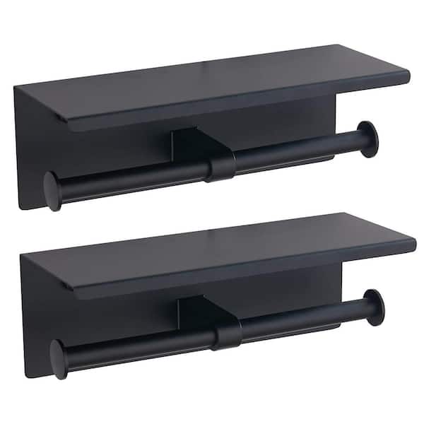 ATKING Bath Wall-Mount Double Post Toilet Paper Holder Shelf Non-Slip Tissue Roll Holder in Matte Black(2 Pack)