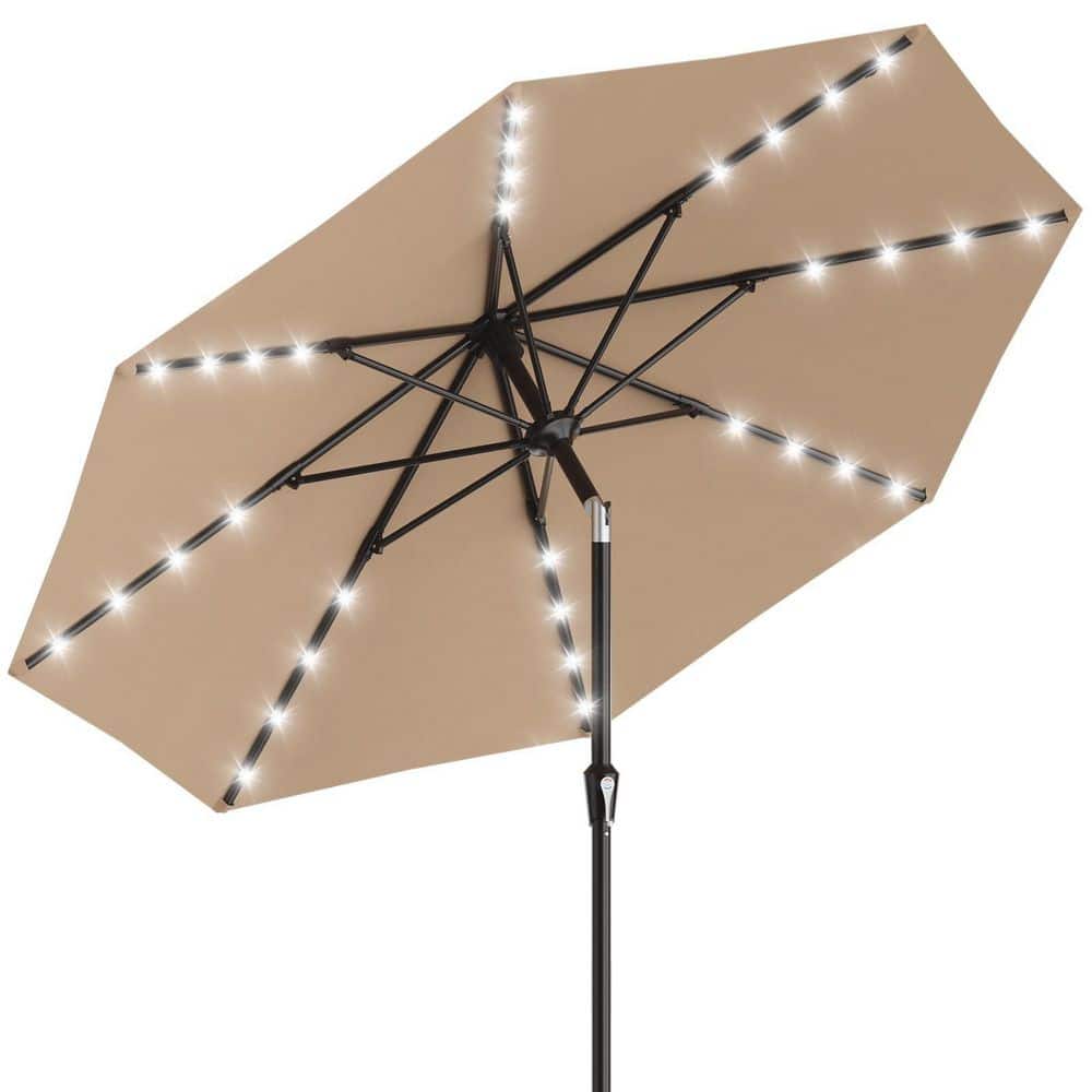 9 ft. Alloy Steel Patio Umbrella with Solar Lights, Outdoor Market Solar Umbrellas for Garden, Deck, Backyard in Beige price history on PriceWatchPro