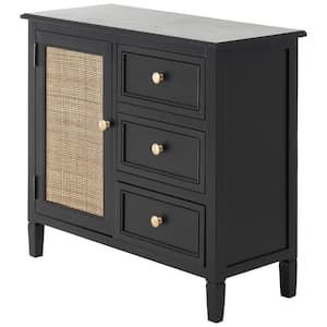 Black Wood 26 in. 3 Drawers and 1 Door Cabinet with Rattan Front