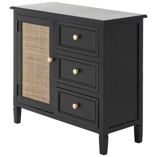 Litton Lane Black Wood 26 in. 3 Drawers and 1 Door Cabinet with Rattan Front