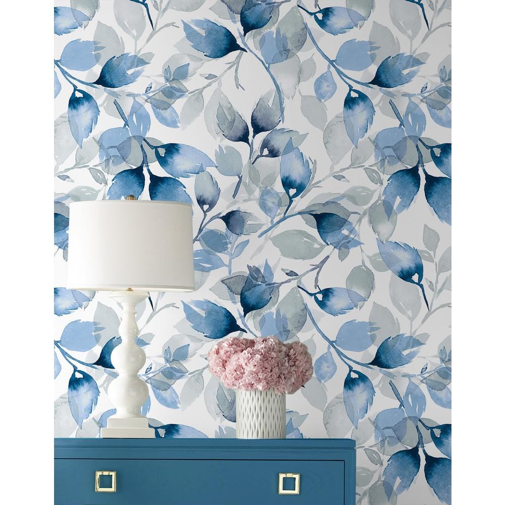 Blue Lagoon Watercolor Tossed Leaves Peel and Stick Vinyl Wallpaper