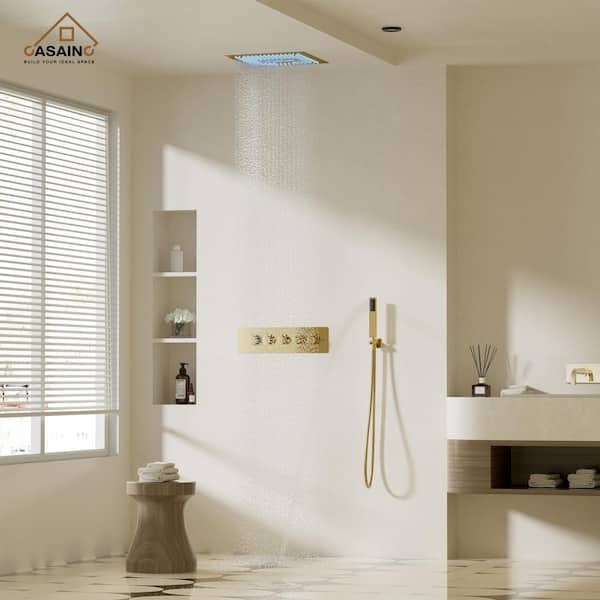 4-Spray Dual Shower Heads 16 in. Ceiling Mount Fixed and Handheld Shower Head 2.5 GPM in Brushed Gold, 64-Color Lights