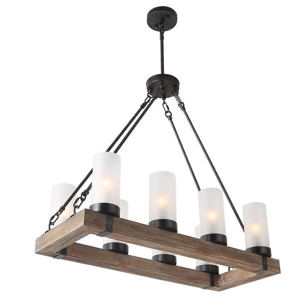 Rustic Bronze and Wood Chandelier with Frosted Glass Shades