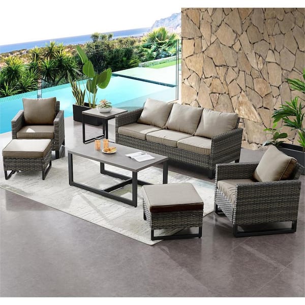 Gymojoy Valenta Gray 7-Piece Wicker Patio Conversation Set with Gray Cushions