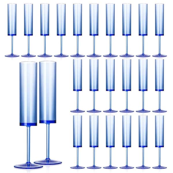 24-Pack Blue Acrylic Champagne Flutes, 5.4 oz Long Stem Plastic Sparkling Wine Glasses for Weddings Party