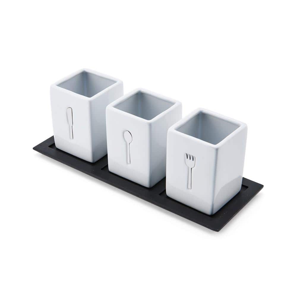White Ceramic Flatware Caddy Set with Black Wood Tray