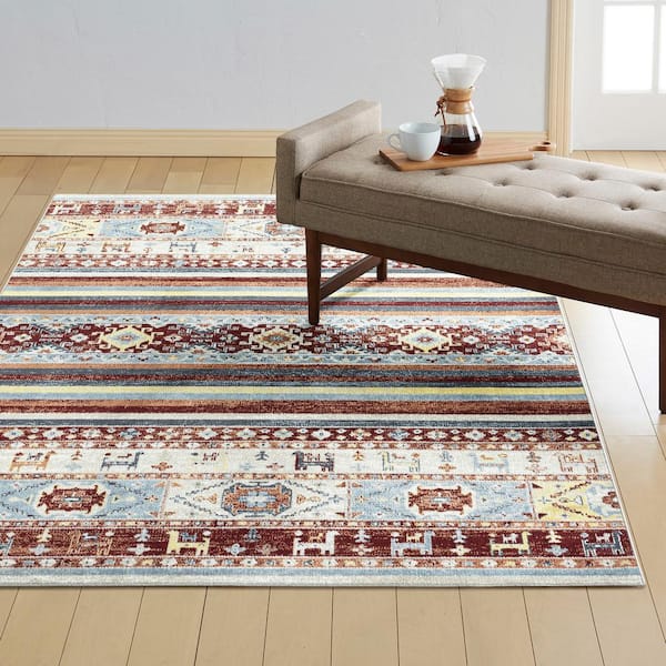 Treasure Heris Red/Blue 5 ft. x 7 ft. Geometric Machine Washable Runner Area Rug