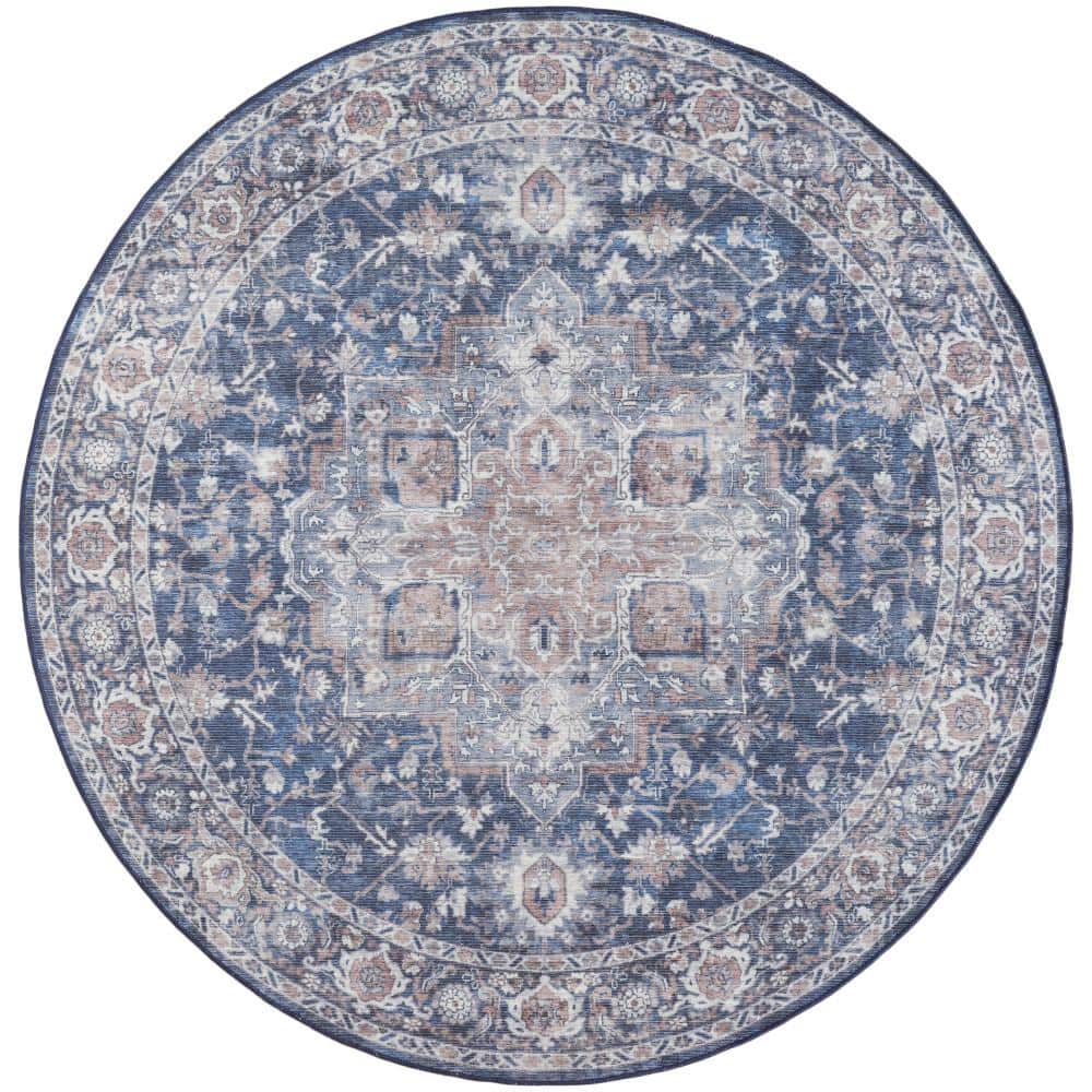 Machine Washable Series 1 Ivory Navy 8 ft. x 8 ft. Distressed Traditional R