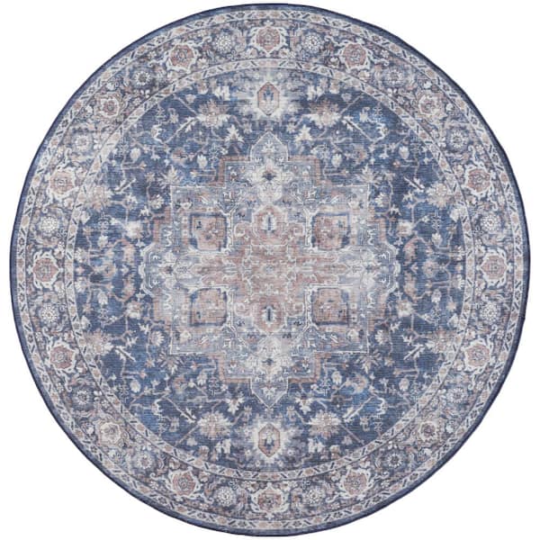 Unbranded Machine Washable Series 1 Ivory Navy 8 ft. x 8 ft. Distressed Traditional Round Area Rug