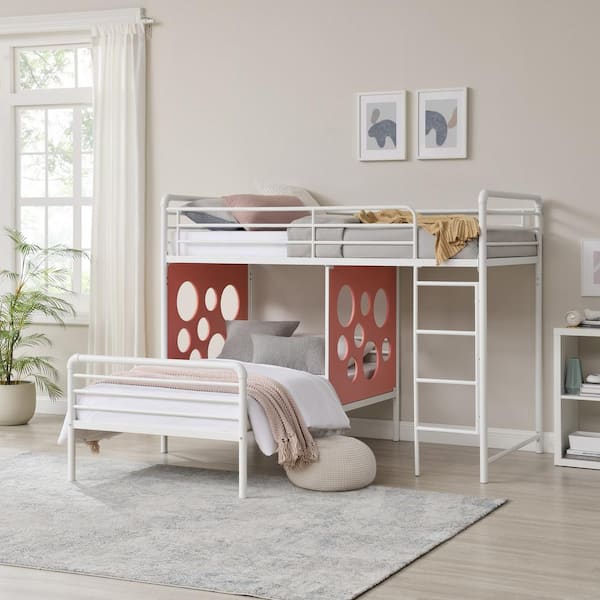 White/Terracotta Metal Twin L-Shaped Bunk Bed with Wood Circle Cut-Out Panels