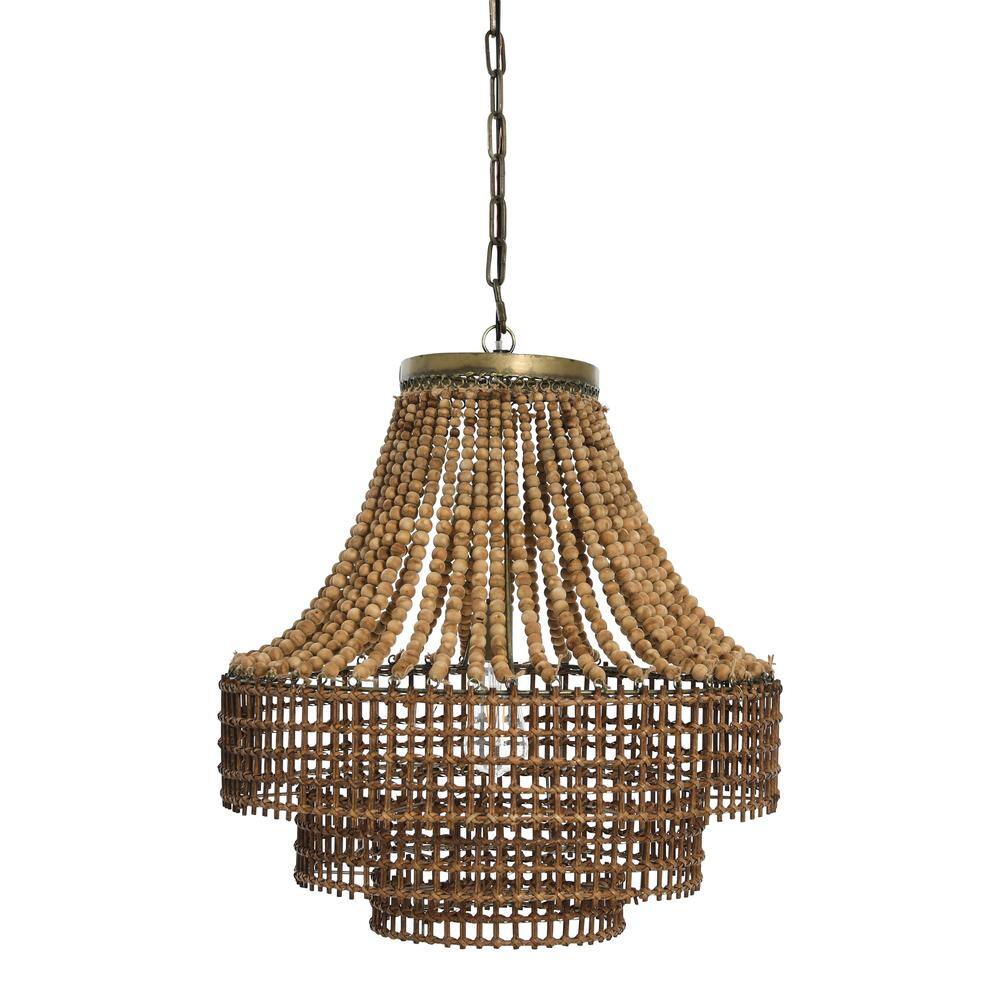 Storied Home Metal Rattan and Wood Bead Chandelier Brown: ETL Listed, Iron Canopy, Adjustable Height