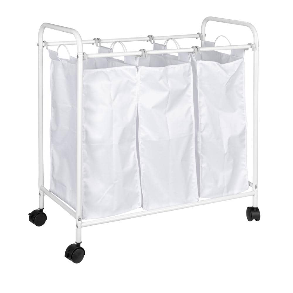 HOUSEHOLD ESSENTIALS White 31.3 H x 30 in. W x 15 in. D Metal and Fabric 3-Bag Rolling Laundry Sorter