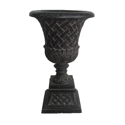 16.25 in. x 26.5 in. Cast Stone Fiberglass Lattice Urn and Pedestal in Aged Charcoal