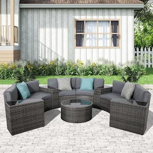 Sunsitt 11-Piece Wicker Grey Half Moon Outdoor Patio Conversation Set with Grey Cushions