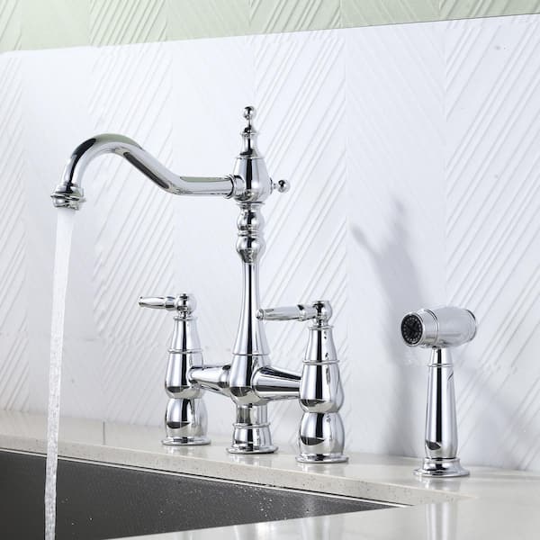 Deck Mounted 4-Hole Double Handle Bridge Kitchen Faucet Solid Brass with Side Sprayer in Polished Chrome