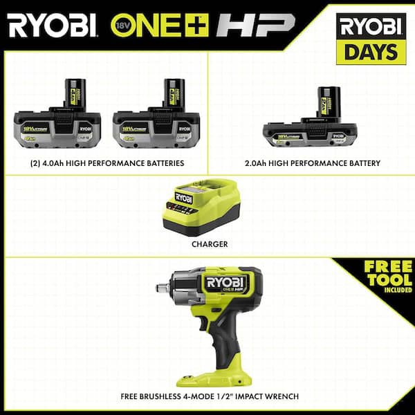 ONE+ 18V Lithium-Ion 4.0 Ah Battery, 2.0 Ah Battery, and Charger Kit & FREE ONE+ HP 18V Brushless 1/2 in. Impact Wrench