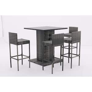 Modern 5-Piece PE Rattan Wicker Outdoor Dining Set with Metal Tabletop and Stools for Patios, Backyards, Porches
