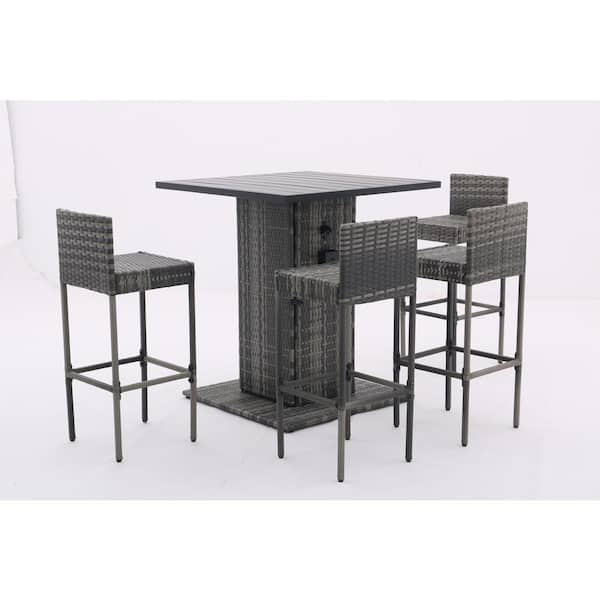 Unbranded Modern 5-Piece PE Rattan Wicker Outdoor Dining Set with Metal Tabletop and Stools for Patios, Backyards, Porches