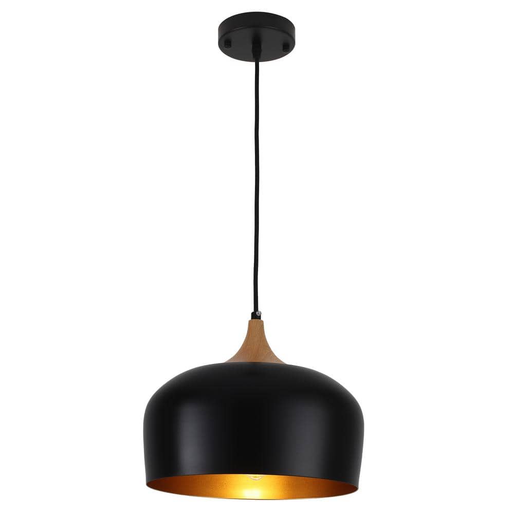 1-Light Black Metal Dome Pendant Light with Solid Wood Accents, No Bulbs Included price history on PriceWatchPro