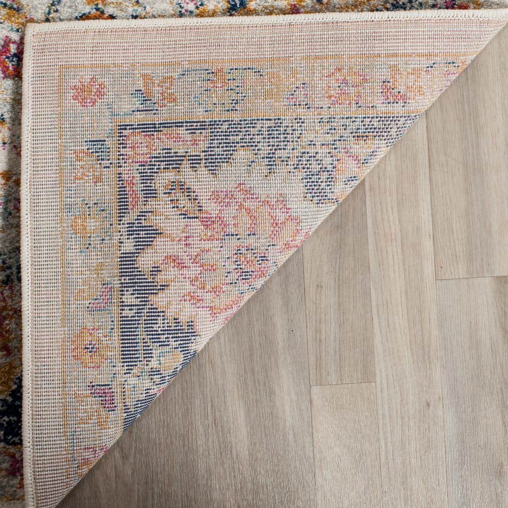 Cream and Navy Floral Motif Runner Rug
