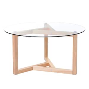 Natural Round Coffee Table with Tempered Glass Top & Sturdy Wood Base
