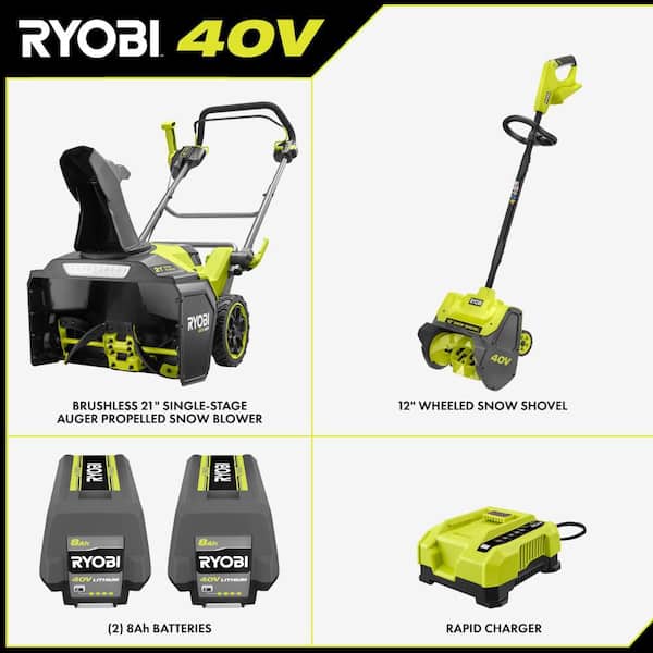 40V HP Brushless 21" Single-Stage Cordless Auger Propelled Snow Blower & 12" Shovel w/ (2) 8.0 Ah Batteries & Chargers
