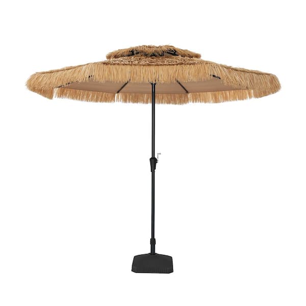 Mondawe 9 ft. Thatched Tiki Beach Umbrella 2-Tier Patio Umbrella with Crank and Square Umbrella Base in Natural Color
