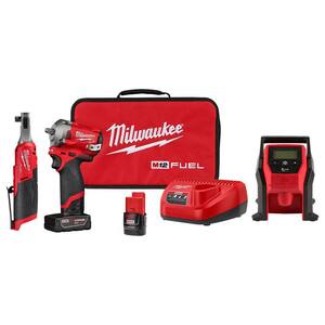 M12 FUEL 12V Lithium-Ion Cordless Stubby 3/8 in. Impact Wrench Kit with 3/8 in. High Speed Ratchet and Inflator