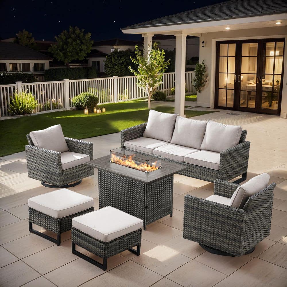 U-Frame 6-Piece Gray Wicker Fire Pit Conversation Set with Olefin Beige Cushions and Swivel Glider Chairs/Couch price history on PriceWatchPro