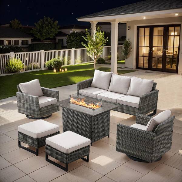 U-Frame 6-Piece Gray Wicker Fire Pit Conversation Set with Olefin Beige Cushions and Swivel Glider Chairs/Couch