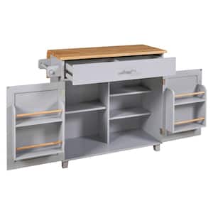 Gray Rubber Wood Kitchen Cart with Door Internal Rack, Drop-Leaf, Adjustable Shelves,-Drawer with Divider, 4 Wheels