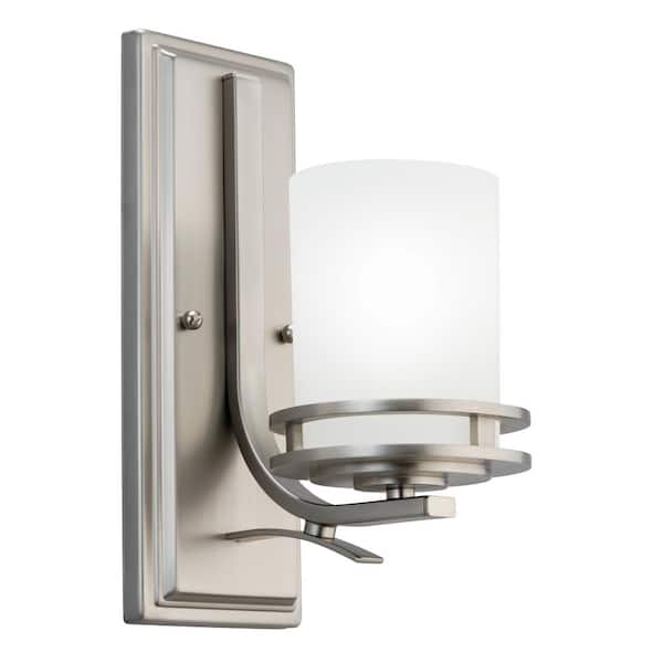 KICHLER Hendrik 1-Light Brushed Nickel Bathroom Indoor Wall Sconce Light with Satin Etched Cased Opal Glass Shade