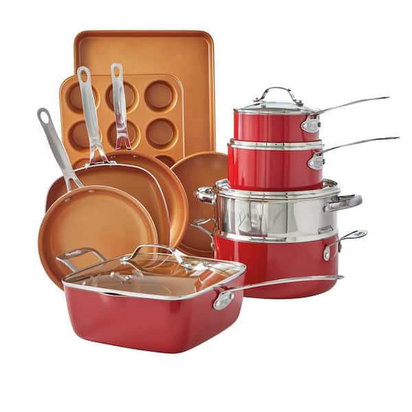 Gotham Steel 20-Piece Aluminum Ti-Ceramic Nonstick Cookware and Bakeware Set  in Red 7255 - The Home Depot