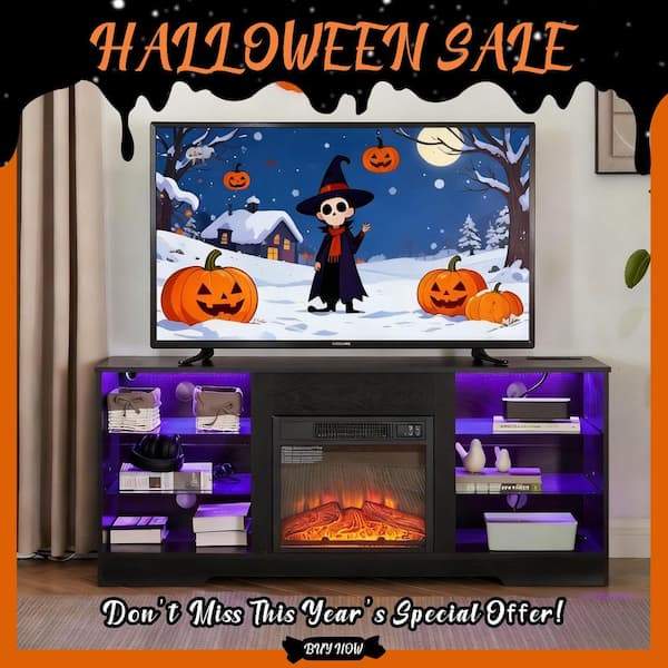 58 in. Freestanding Modern Electric Fireplace TV Stand with LED Lights in Black