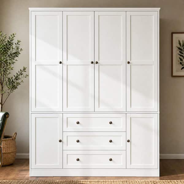 White Wood 61 in. Armoire with Hanging Rod, 11-Shelves, 3-Drawers and 2-Cabinets For Bedroom Storage