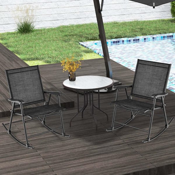 Black Metal Folding Outdoor Rocking Chair with Heavy-Duty (Set of 2)