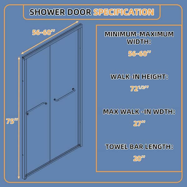 Zeafive 56 to 60 in. W x 75 in. H Double Sliding Shower Door in