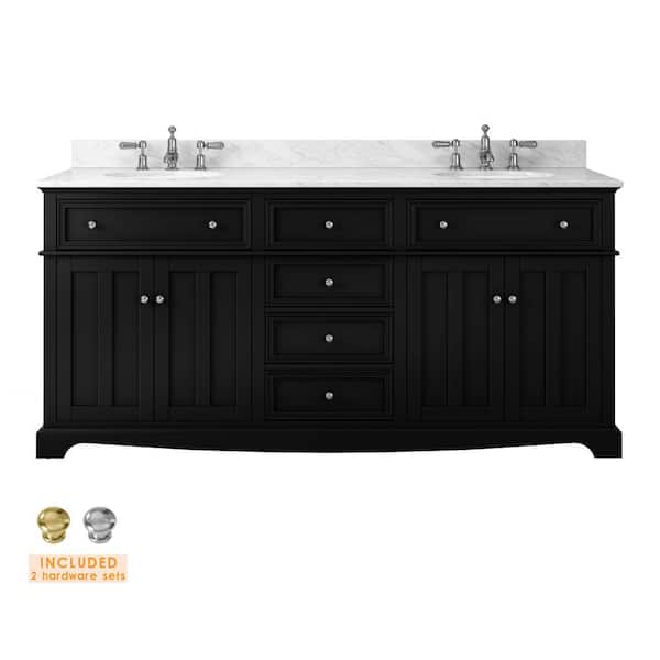 Fremont 72 in. Double Sink Black Bath Vanity with White Engineered Marble Top (Assembled)