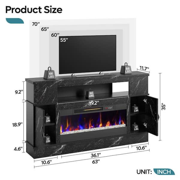 63 in. Black Marble Freestanding Electric Fireplace TV Stand Fits TV Up to 70 in. Entertainment Center with Cabinet