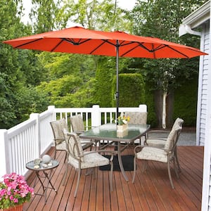 15 ft. Double-Sided Twin Metal Market Patio Umbrella with Crank and Base in Orange