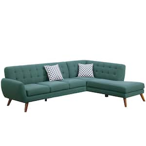 2-Piece Laguna Green Tufted Linen L-Shape Sofa Sectional with Chase and 2-Accent Pillows